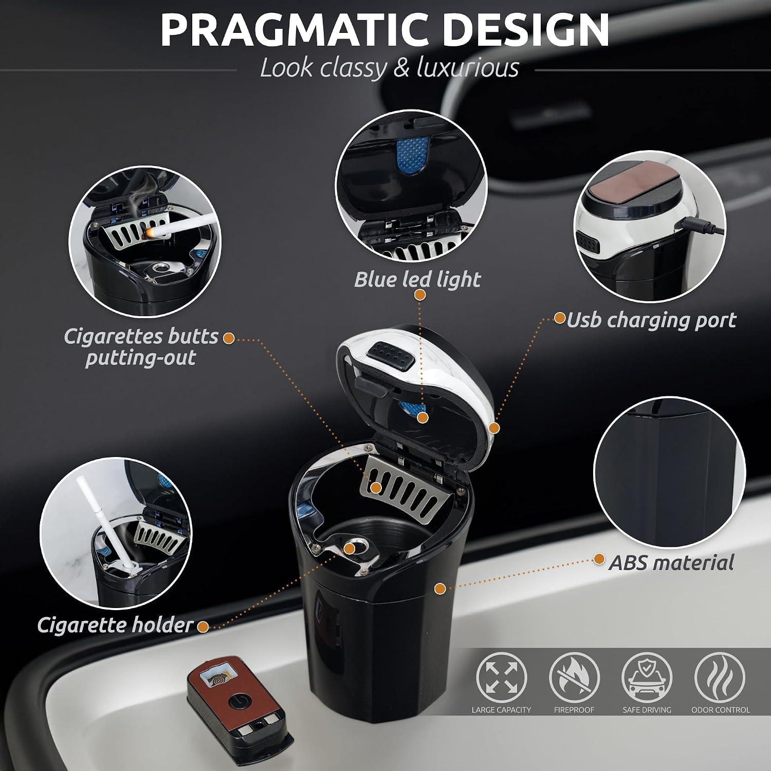 TAKAVU Car Ashtray (1-Pack), Easy Clean Up Detachable Stainless Car Ashtray with Lid Blue Led Light and Removable Lighter for Most Vehicle Cup Holder (Silver)