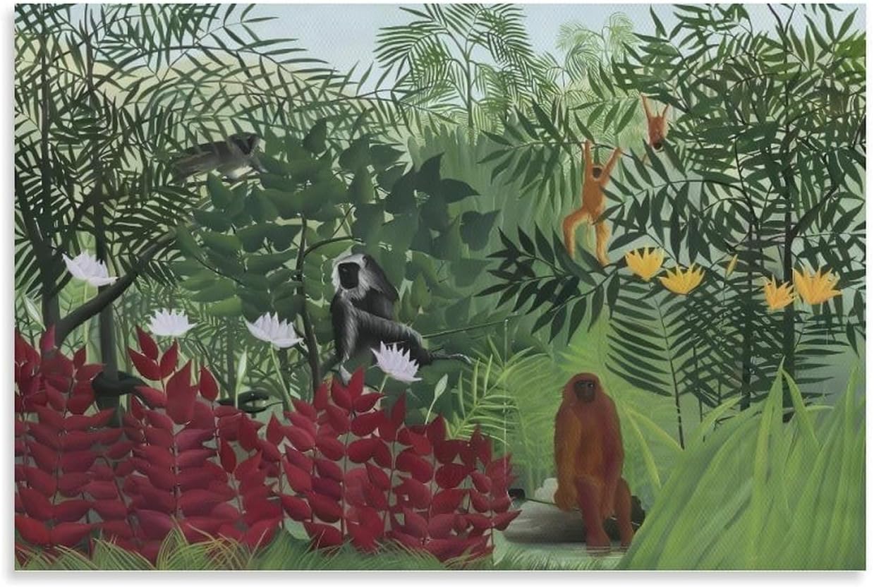 Henri Rousseau Tropical Forest With Monkeys Canvas Printing Wall Art Wall Decor Prints Botanical Jungle Posters Naive Wildlife Decor For Living Room Bedroom Office Nature Gallery 16x24inch(40x60cm)