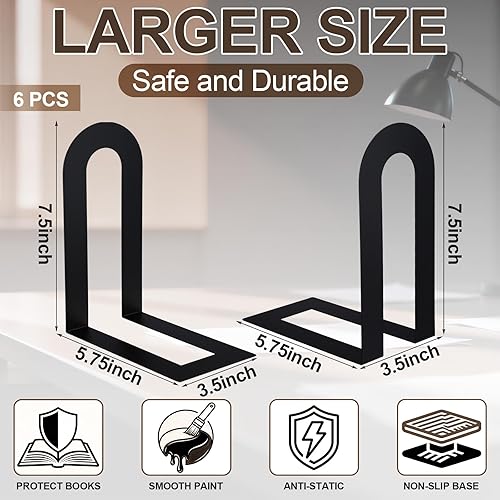 Miniatura 2 de Chunful 6 piezas de extremos de libros de metal modernos para estantes, pequeños sujetalibros negros, organizador de estantes de diseño minimalista