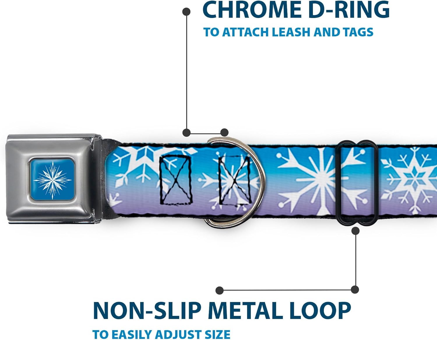 Disney Pet Collar, Dog Collar Metal Seatbelt Buckle, Frozen 2 Snowflakes Blues Purples White, 15 to 24 Inches 1.0 Inch Wide
