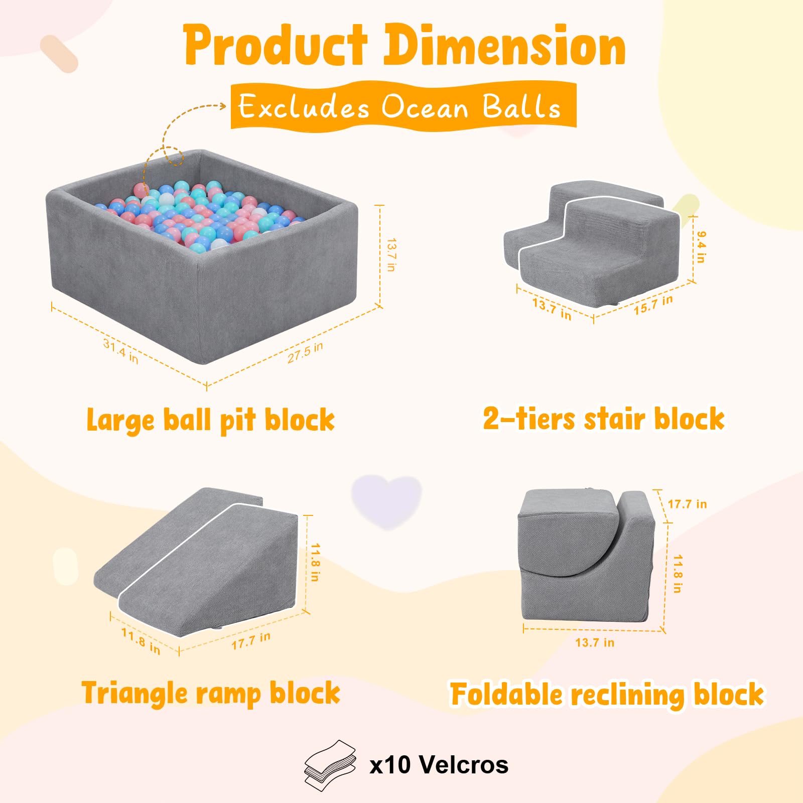 Baby Climbing Blocks with Ball Pit,6PCS Foam Climbing Toys for toddlers 1-3 Inside,Soft Crawl & Climb Activity Play Set Indoor,Modular Structure Washable Play Equipment,Gray(Balls Not Included)