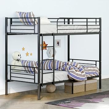 LAGRIMA Bunk Beds Frame Twin Over Twin, Heavy Duty Twin Size Metal Bunk Bed Frame with Guardrail & Ladders , Space-Saving, Noise Free, No Box Spring Needed Black bunkbed2685