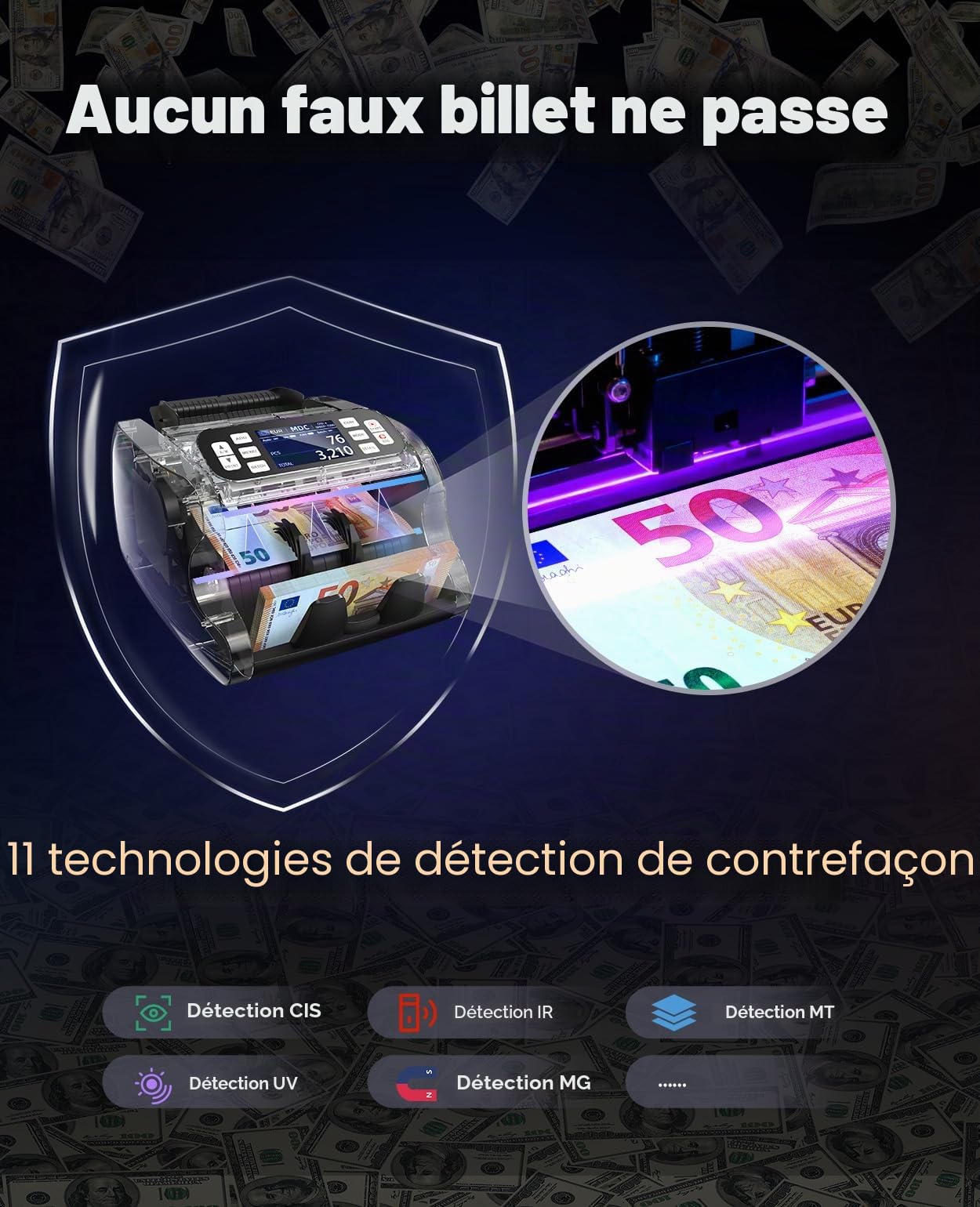 Compteuse De Billets MUNBYN IMC22 Comptage Mixte, DéTection des Faux Billets par CIS/UV/IR/MG,Compatible EUR,USD, MXN, CAD,> 1000 Billets/Min,Convient aux entreprises/commerçants, Double éCran (Noir)