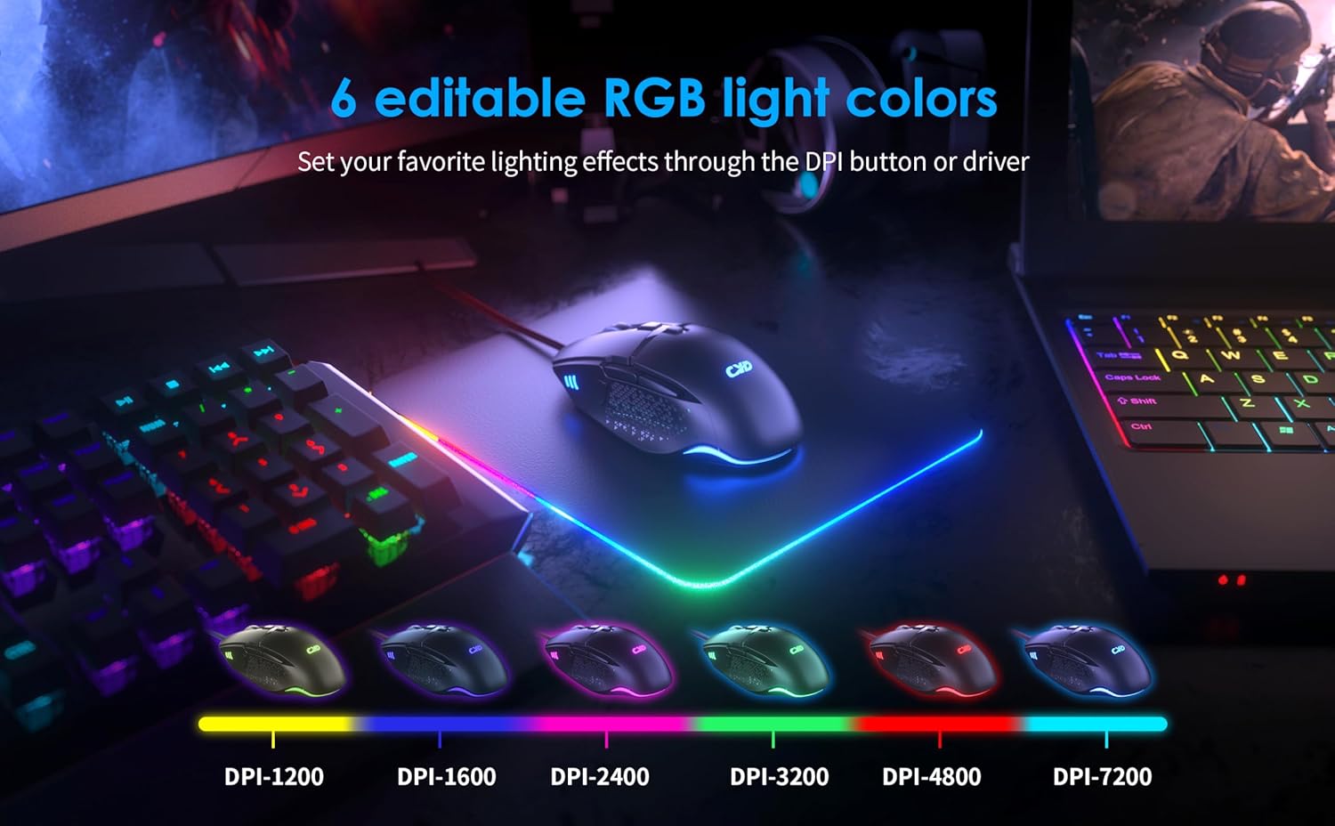 CYD C309 RGB Wired Mouse, Ergonomic Gaming Mouse Wired with 7200 Adjustable DPI, 8 Custom Buttons, PC Gaming Mice Computer Mouse, Win/Mac/Linux Support