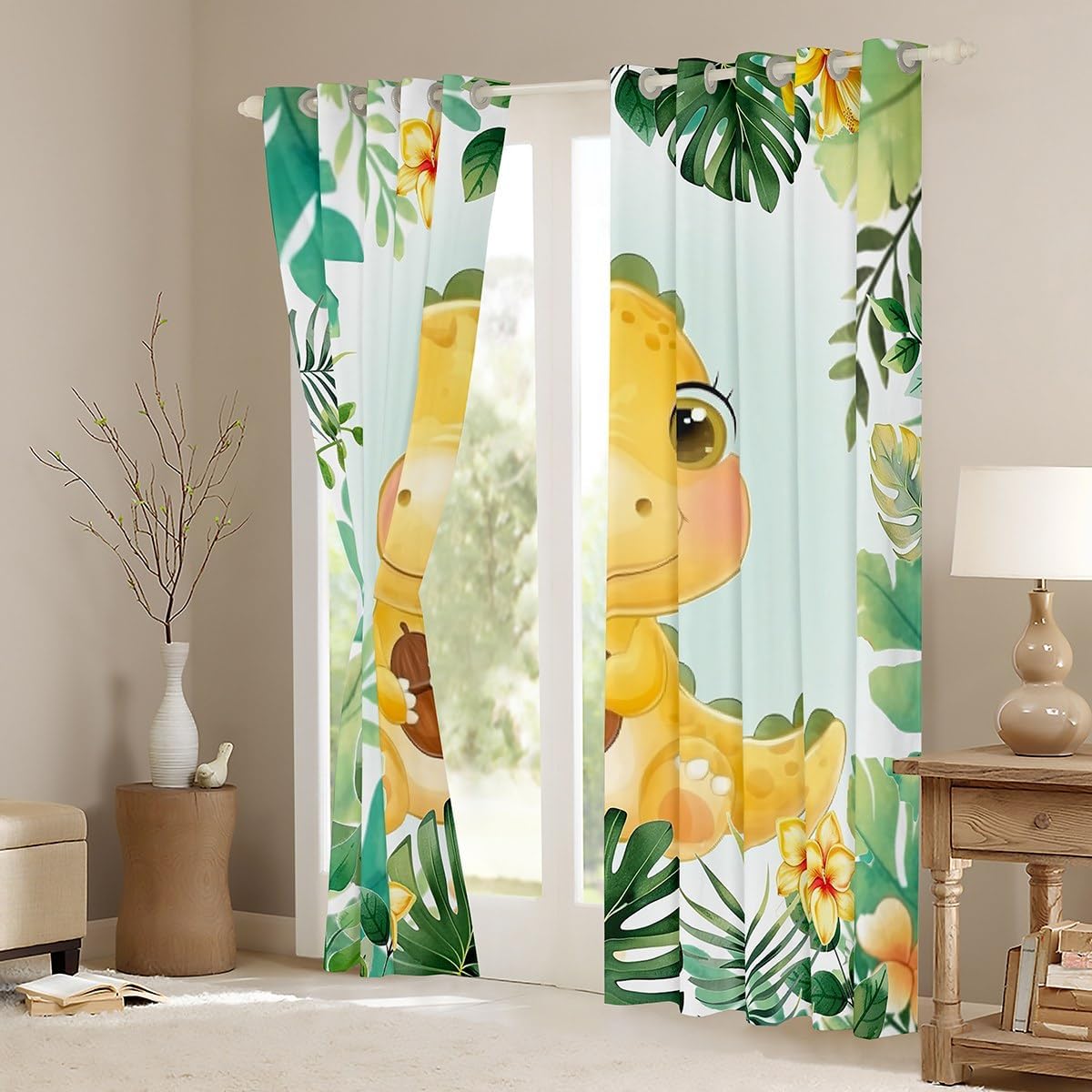 Cartoon Dinosaur Curtains for Living Room,Palm Leaves Window Drapes Bedroom Blackout 30%-50%,Tropical Plants Trees Window Treatment Grommet Top 2 Panels Decor,38Wx45L