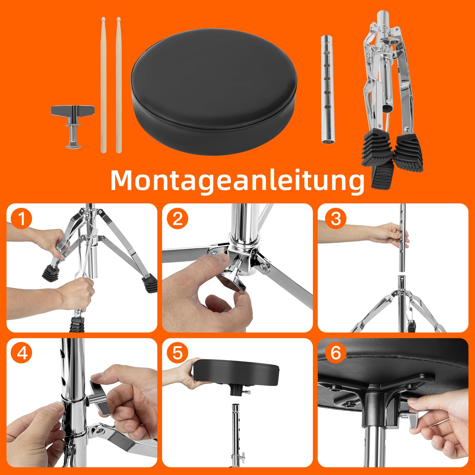 AKOZLIN Drumhocker mit gepolstertem Sitz, höhenverstellbar 38-55 cm | Runde Sitzfläche, Robustes Dreibeingestell, Rutschfeste Gummifüße, Klappbar, Für Schlagzeuger, Percussionisten und Keyboarder