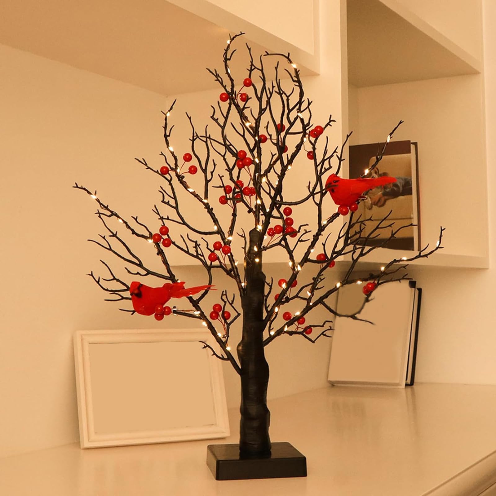 Árbol de Navidad artificial iluminado por LED con bayas rojas y decoración de pájaros, lámpara de mesa alimentada por pilas para fiestas festivas, luz cálida y brillante
