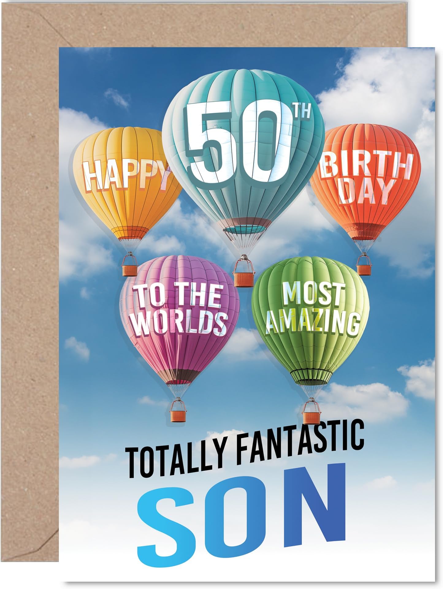 Son 50th Birthday Card - Most Amazing Hot Air Balloon - Happy Birthday Card for 50 Year Old Son from Dad Mom, A5 Balloons Stars Bday Greeting Cards