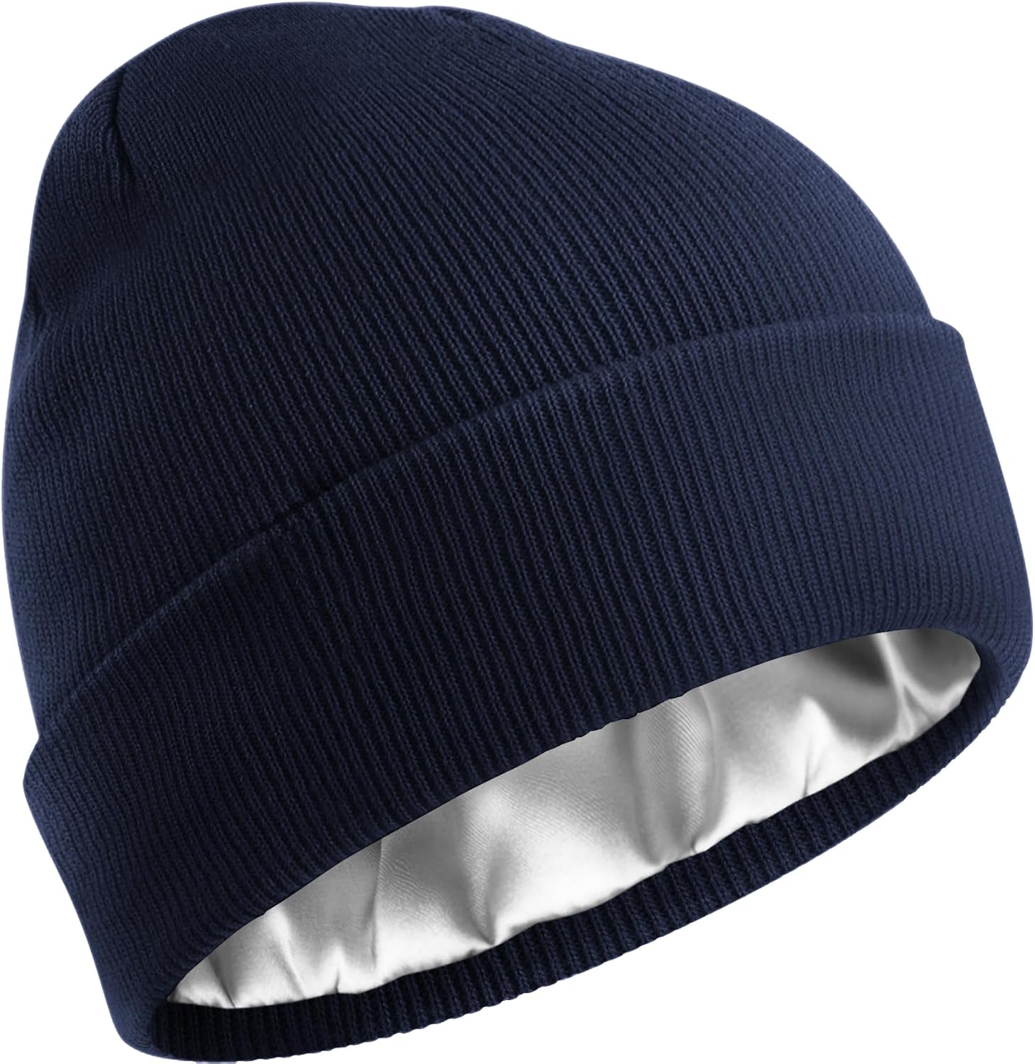 Satin Lined Beanie for Women Men, Cotton Knit Winter Hat Silk Lining Soft Warm Cuffed Fisherman Beanies Hats Skull Cap