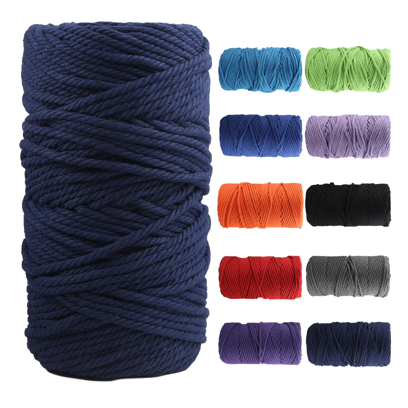 Macrame Cotton Cord 5mm×100m, Soft 4 Strand Twisted Natural Cotton for Handmade Wall Hanging, DIY, Craft Making, Knitting, Plant Hangers, Decorative Projects (Navy blue)