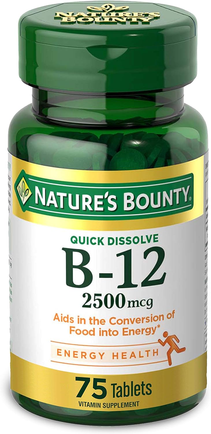 Vitamin B12 by Nature's Bounty, Quick Dissolve Vitamin Supplement, Supports Energy Metabolism and Nervous System Health, 2500mcg, 75 Tablets : Health & Household