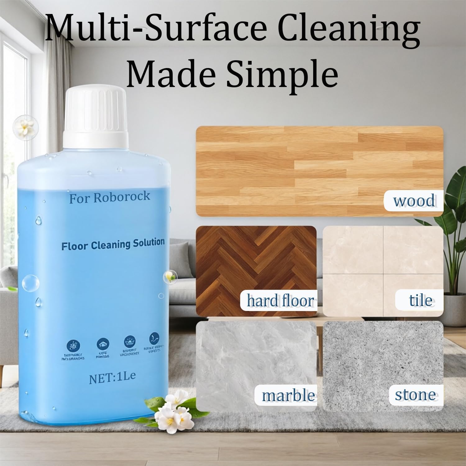 Floor Cleaning Solution – 1L (33.8 fl oz) – Hardwood Floor Cleaner Compatible with Roborock Robot Vacuums with Mopping & Wet/Dry Vacuum Functions (S7 / S8 / Q Revo/Q Series/E Series)