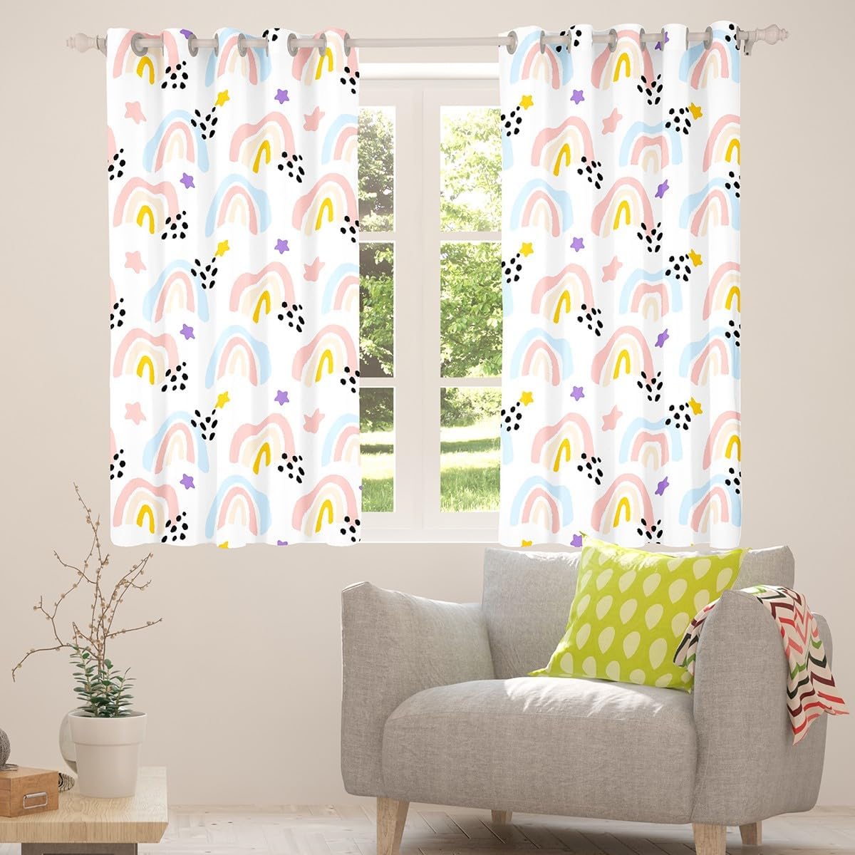 Feelyou Rainbow Curtains for Bedroom Living Room (2 Panels, 38 x 45 Inch) Colorful Stripes Room Darkening Blackout Curtain Multicolor Window Drapes Cartoon Rainbow Window Treatments Stared image 5