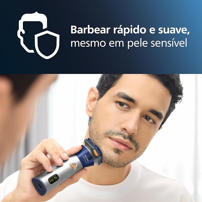 Homem utilizando o barbeador Philips Série 3000 para barbear o rosto em frente ao espelho