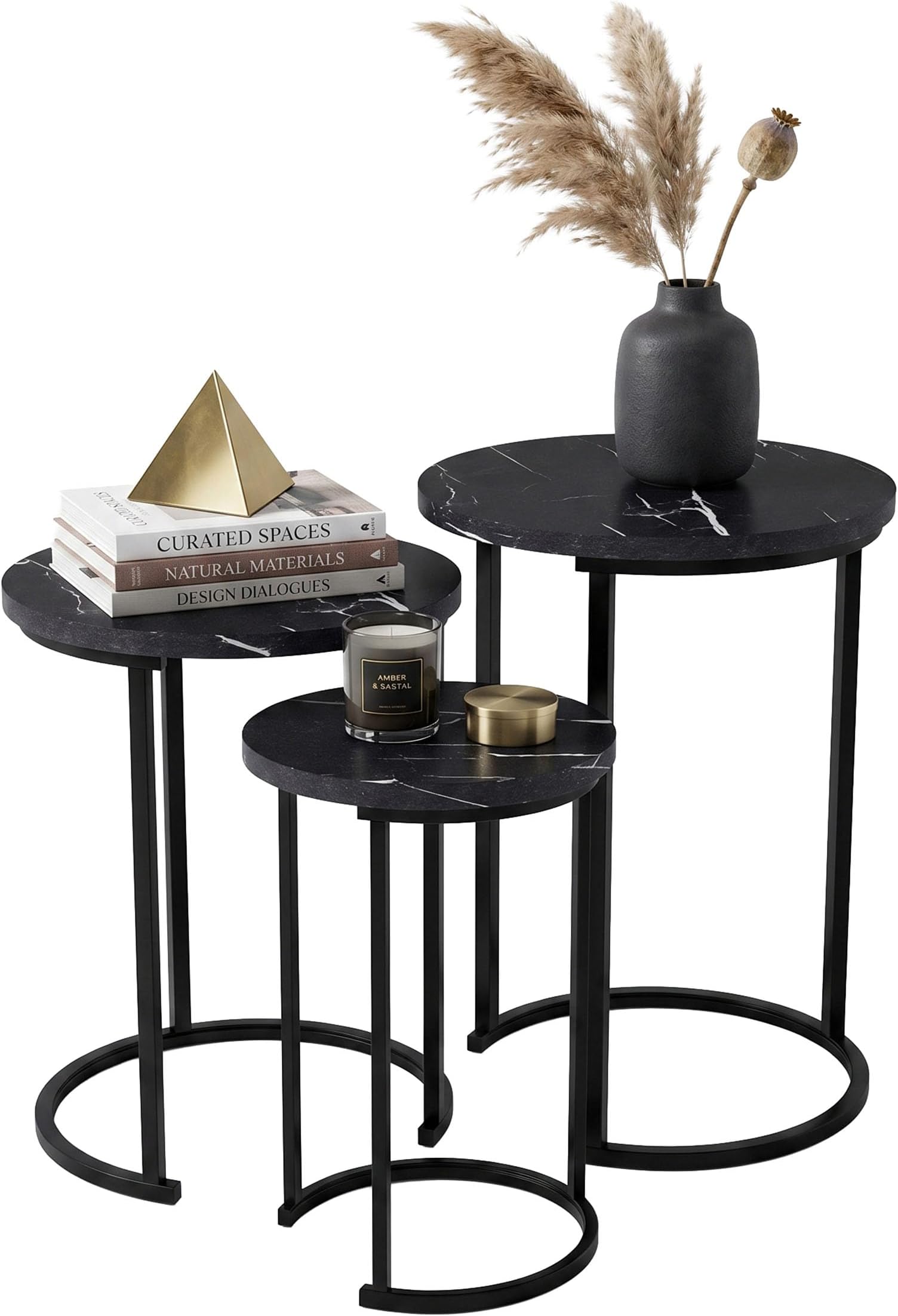 Lavish Home Round Nesting Tables Set of 3, Faux Marble Tabletop, Black