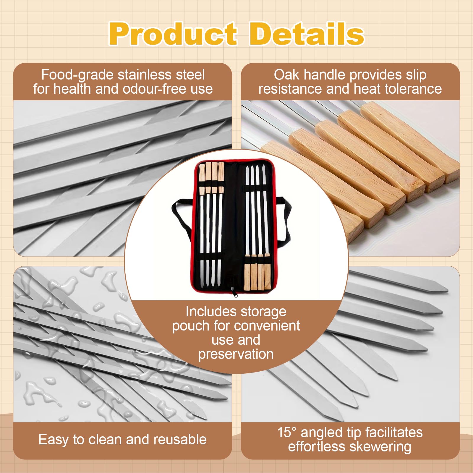 Brochettes barbecue acier inoxydable 410 44cm réutilisables manche chêne 8 pièces
