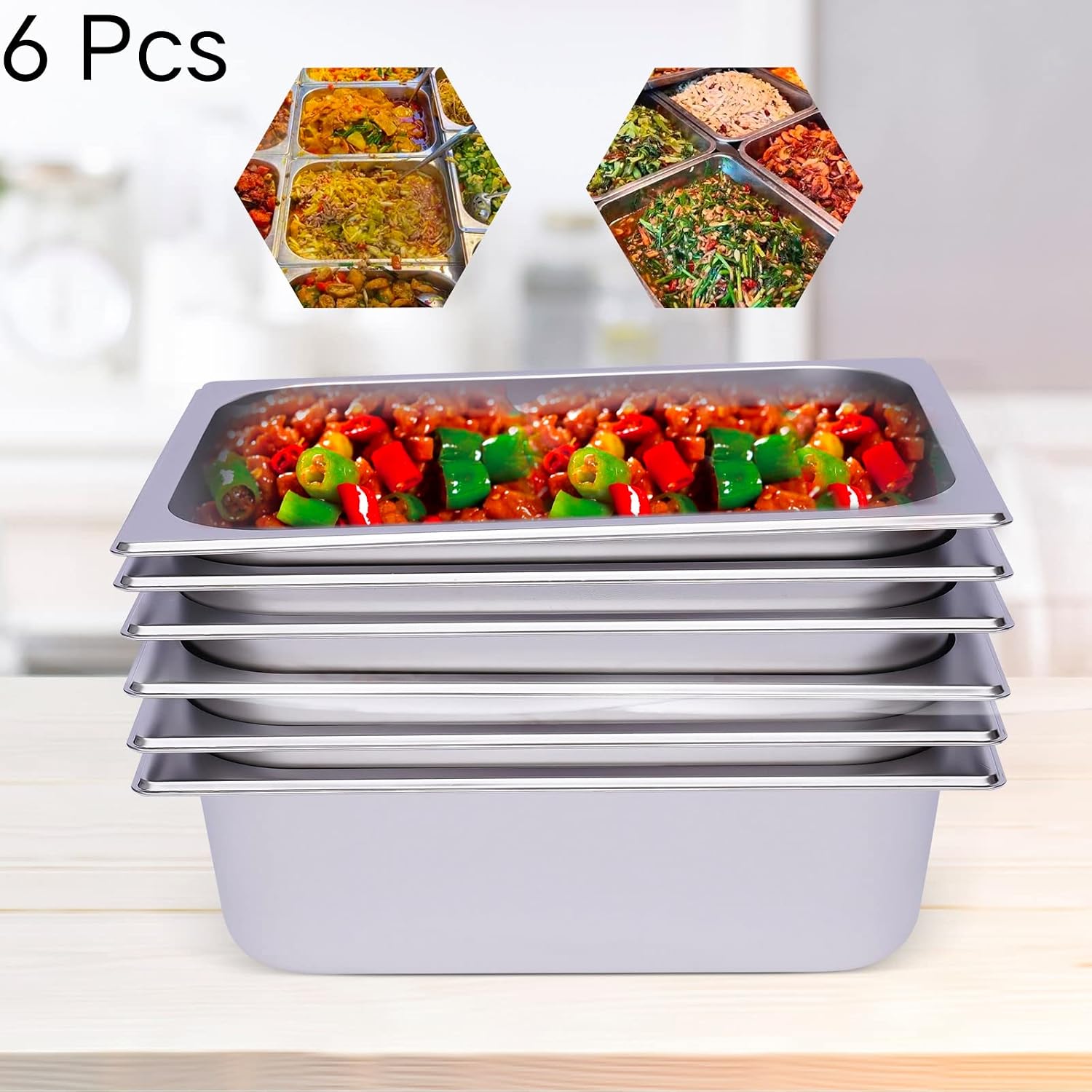 kunghei-6 Pcs Hotel Pan Steam Table Pan Half Size 4-Inch Deep, Steam Pan & Stainless Steel Tray Food Pan for Hotels Restaurant, Food Warmer Steam Table Pans Commercial Water Pan Drain Pan