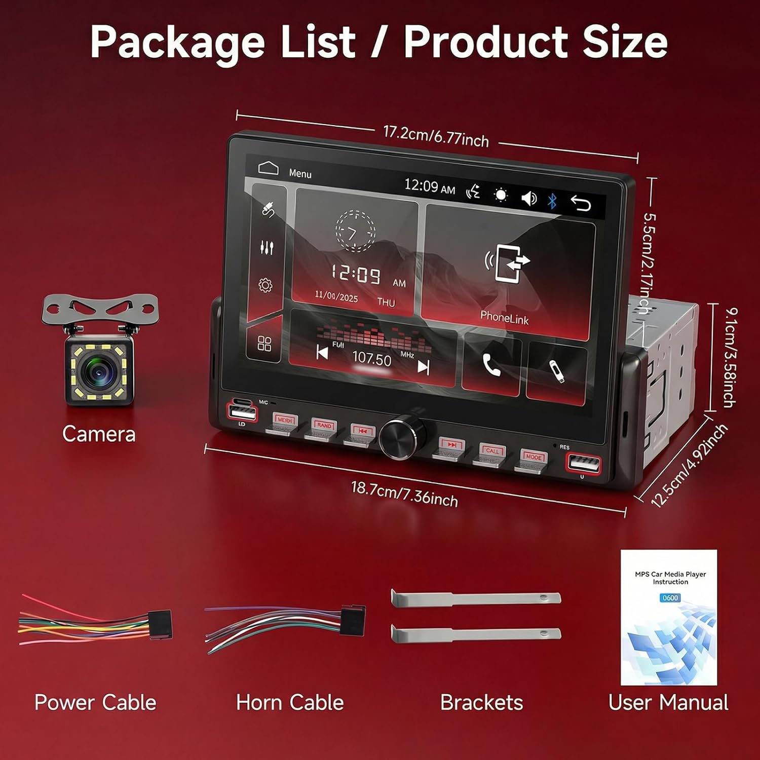 Single Din Car Radio with Bluetooth iOS/Android Mirror Link Share Same Video, 7" IPS Touch Screen Car Radio 1 Din with Piano Keys Support Backup Camera Mirror Link Bluetooth FM USB EQ SWC