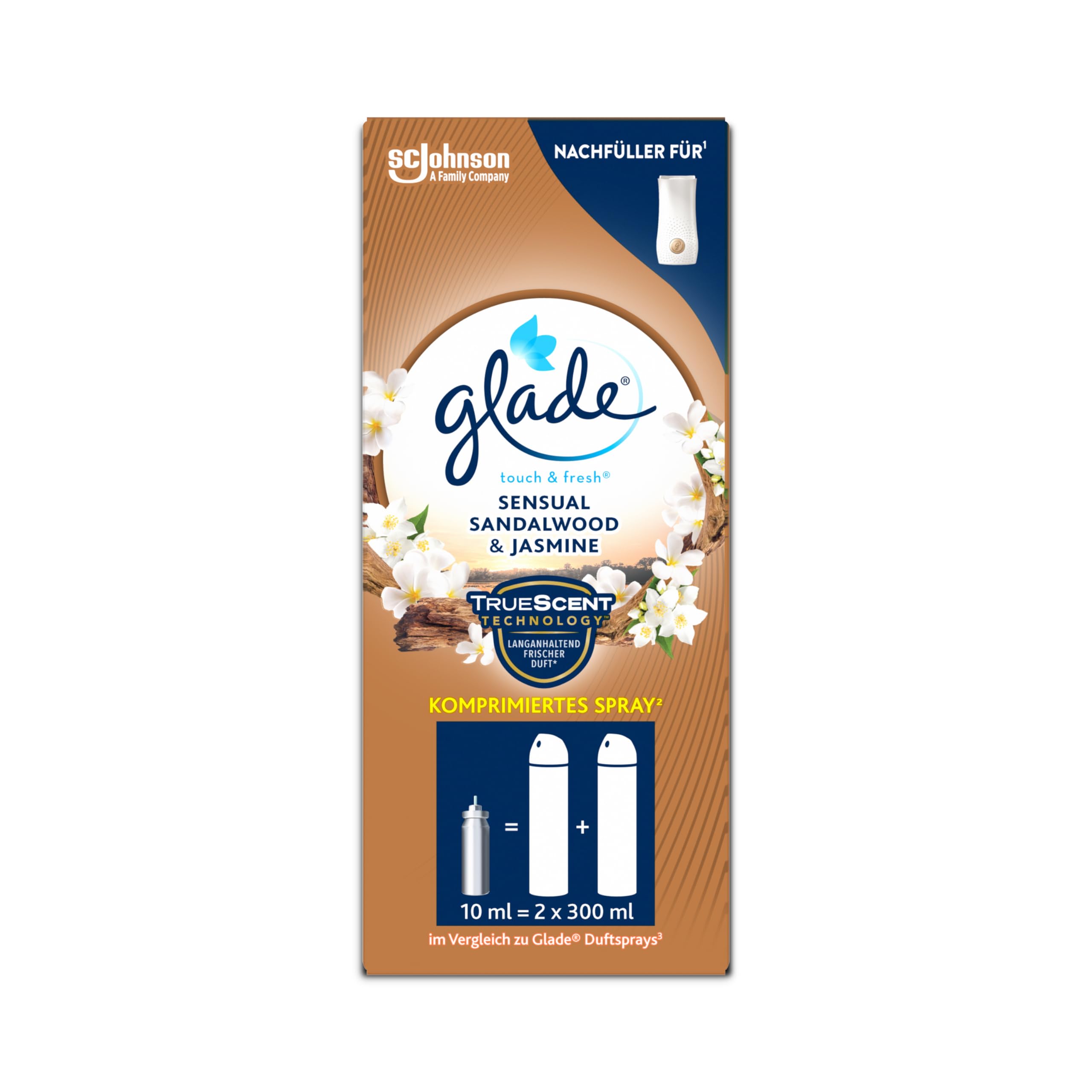 Glade Touch & Fresh Nachfüller, Lufterfrischer Minispray, 1er Pack | (Brise One Touch) Lang Anhaltender Geruchsentferner, Duftspray für Zuhause, Sandalwood & Jasmine (1x10 ml)