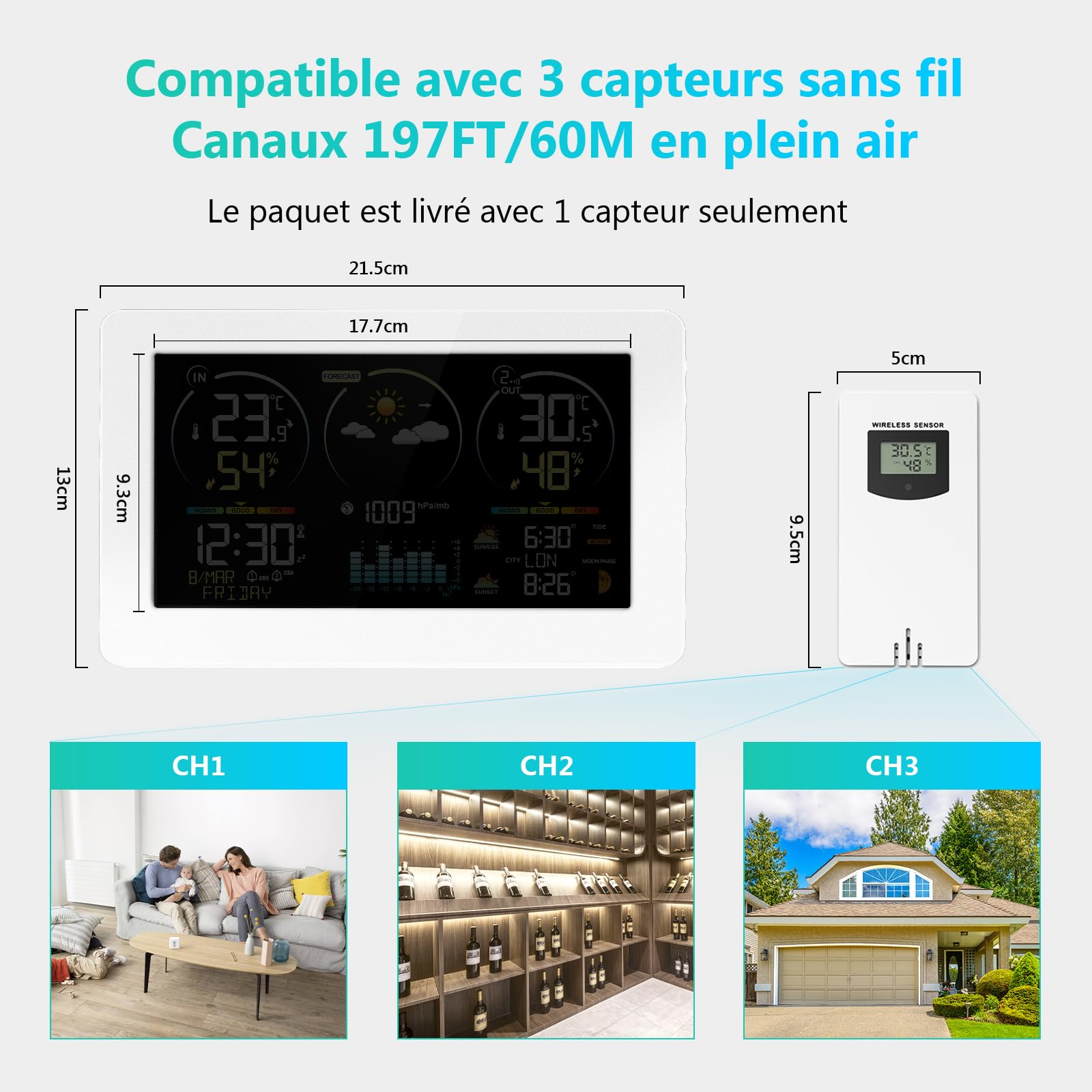 Station Météo Intérieur Extérieur Sans Fil avec 1 Capteur Extérieur | Thermomètre Hygromètre Digital, Écran LCD Couleur, Horloge Radio-commandée, Réveil Snooze, Calendrier, Prévisions Météo