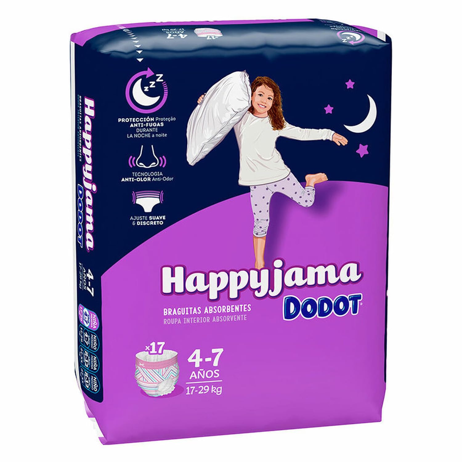 Dodot HappyJama - Pañales Niña 4 - 7 Años, 17 Unidades, 17 - 29 kg, Protección anti-fugas Durante La Noche