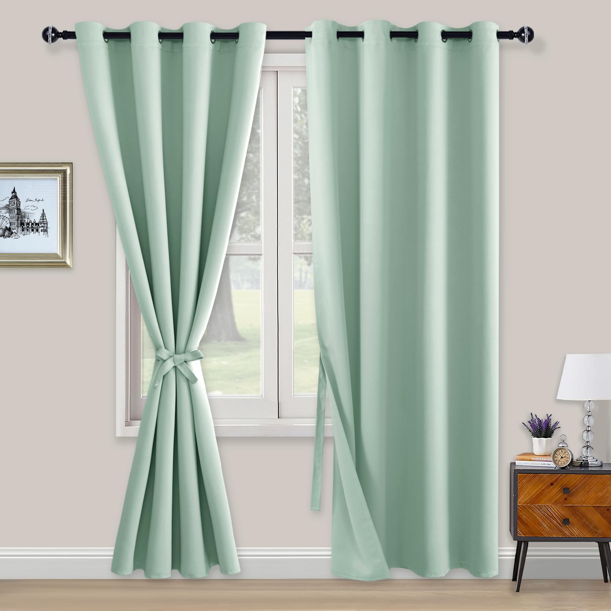 XWZO Blackout Curtains Shades Window Curtain Panels with Tiebacks- Noise Reduction and Thermal Insulated Eyelet Curtains for Bedroom,Living Room,Office,Study Room Bean Green W52xL84