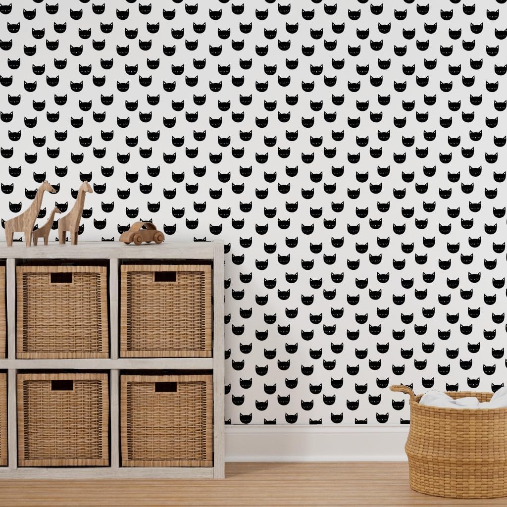 Removable Wallpaper 9ft x 2ft - Kitties Cats Animal Black Kids White Monochrome Cat Kitten Head Pet Custom Pre-Pasted Wallpaper by Spoonflower