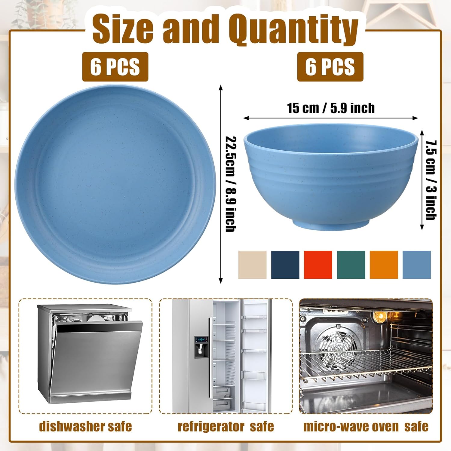 Sliner 12 Pcs Wheat Straw Dinnerware Sets Plates and Bowls, 6 Pcs 9 Inch Dinner Plates 6 Pcs 28 oz Unbreakable Cereal Bowls Lightweight Reusable Plastic Dinnerware Dishwasher Microwave Safe, 6 Color