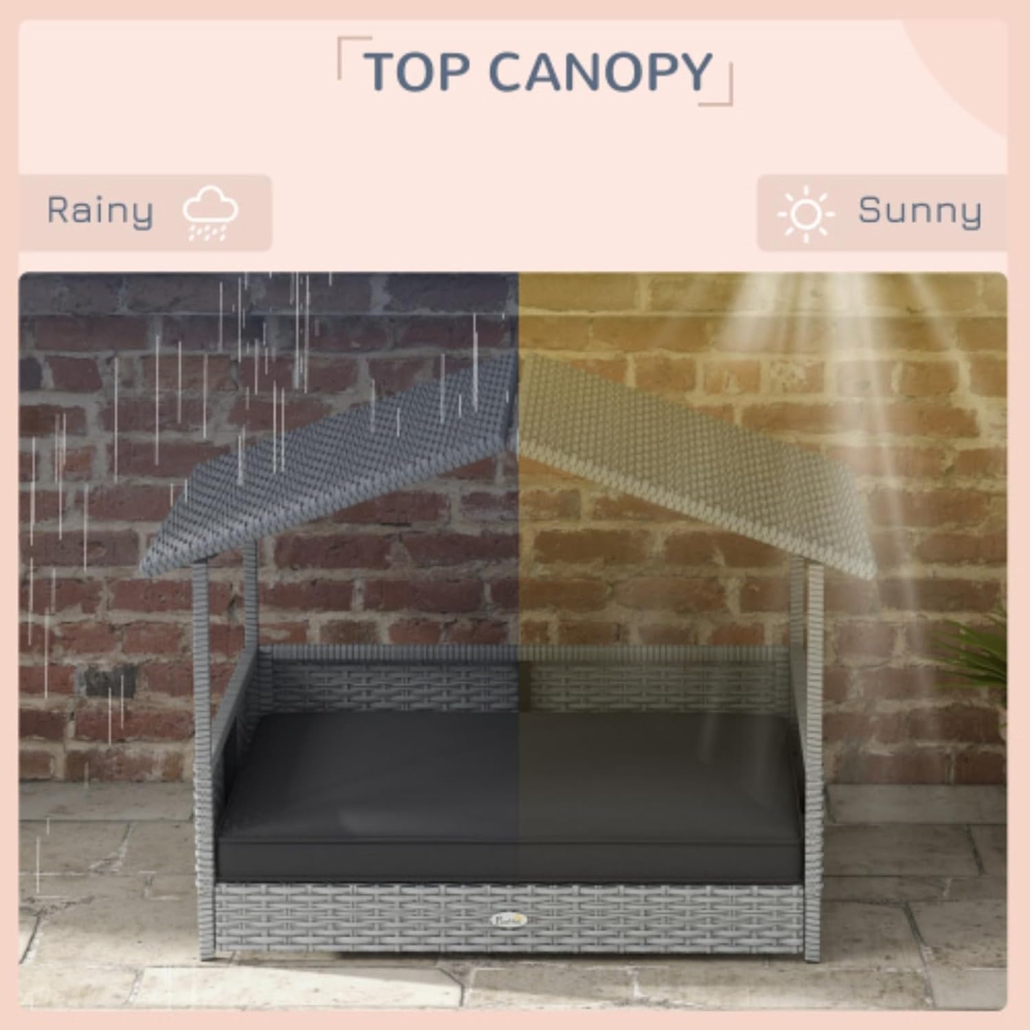 Raised Bottom Padded Bed, Outdoor Wicker Dog House with Canopy, Weatherproof Rattan Dog Bed with, Pet Shelter, Indoor and Outdoor Dog Bed, Suitable for Small and Medium Dogs, Gray