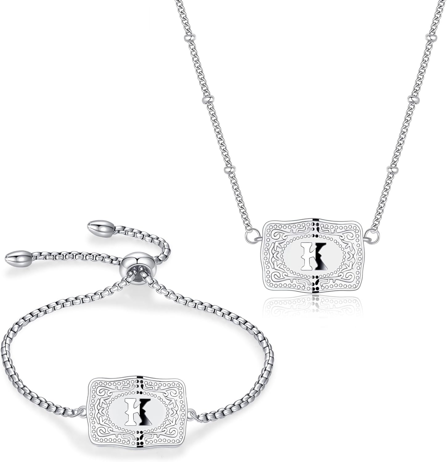 2 Pcs Belt Buckle Initial Necklace Bracelet Jewelry Set for Women, 18K Gold/Silver Plated Belt Buckle Initial A-Z Necklace Bracelet Set Unique Western Style Jewelry Gifts