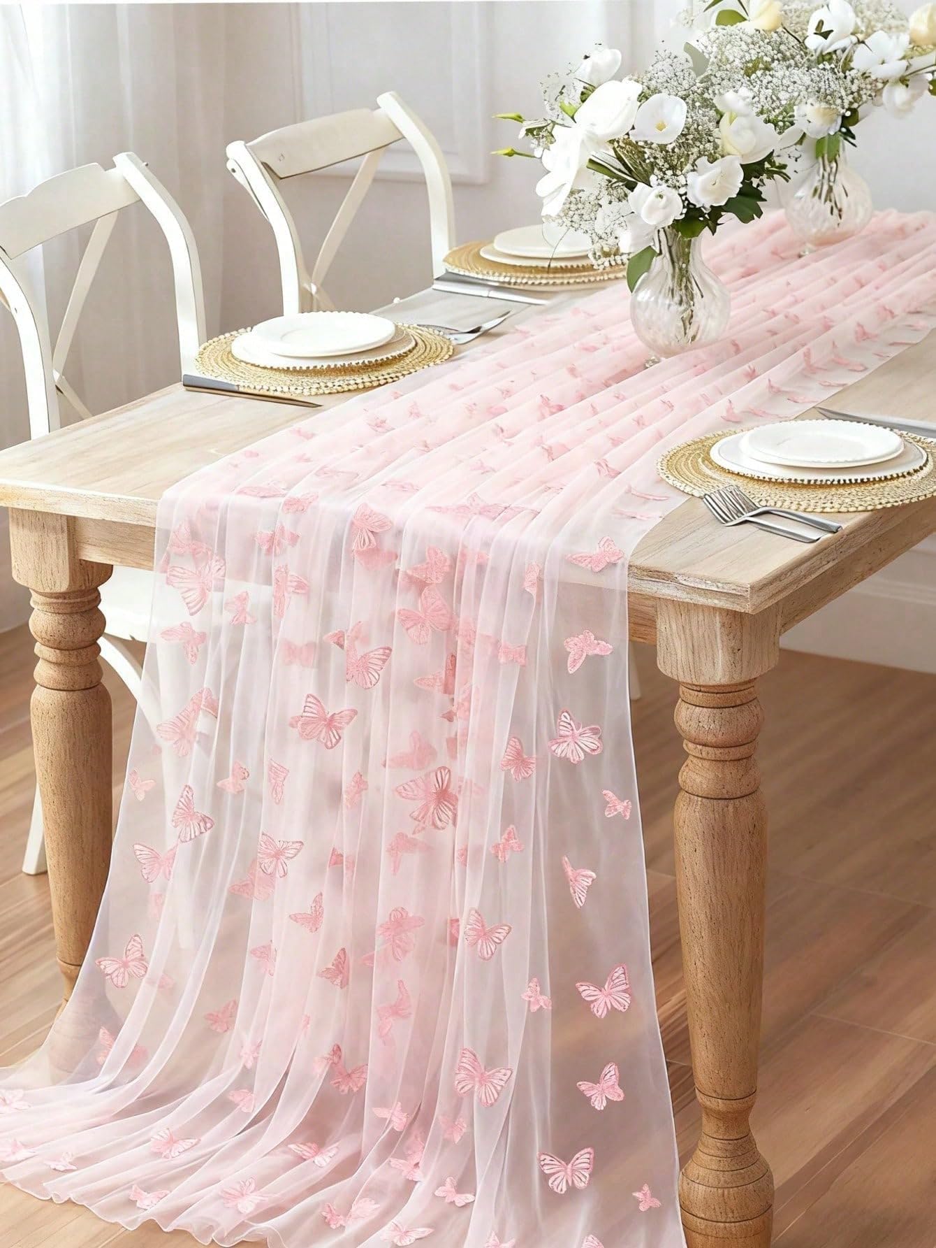 1pc Elegant Pink Plush Butterfly Mesh Table Runner 30*70inch, Double-Sided Design with 3D Butterflies, Perfect for Weddings, Bridal Showers, Gender Reveals, and Birthday Parties, Gender Reveal Event