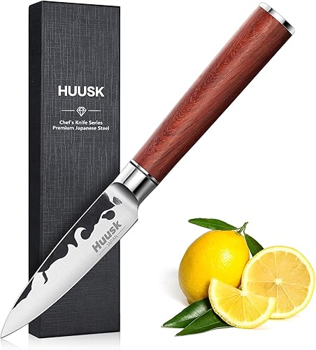 Huusk Cuchillos de Japón, cuchillo de pelar de acero de alto carbono de 3.5 pulgadas, cuchillo de fruta forjado a mano, cuchillo de pelar japonés