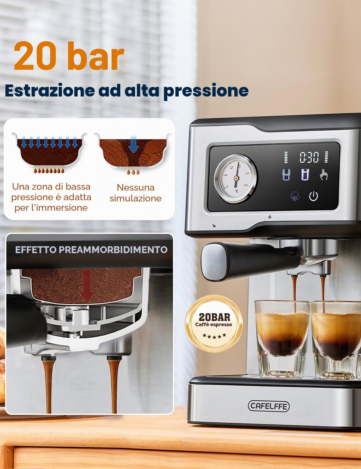CAFELFFE Macchina da caffè espresso con montalatte e vapore, macchina espresso con pressione a pompa da 20 bar, macchina da caffè espresso con schermo LCD touch screen per barista a casa o per