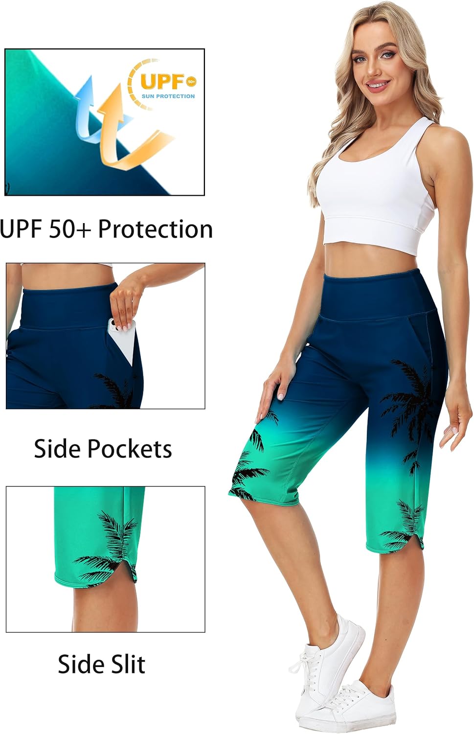 AOBUTE Womens Swim Capris Pant Sun Protection High Waisted Swimming Leggings with Pockets (No Lining)