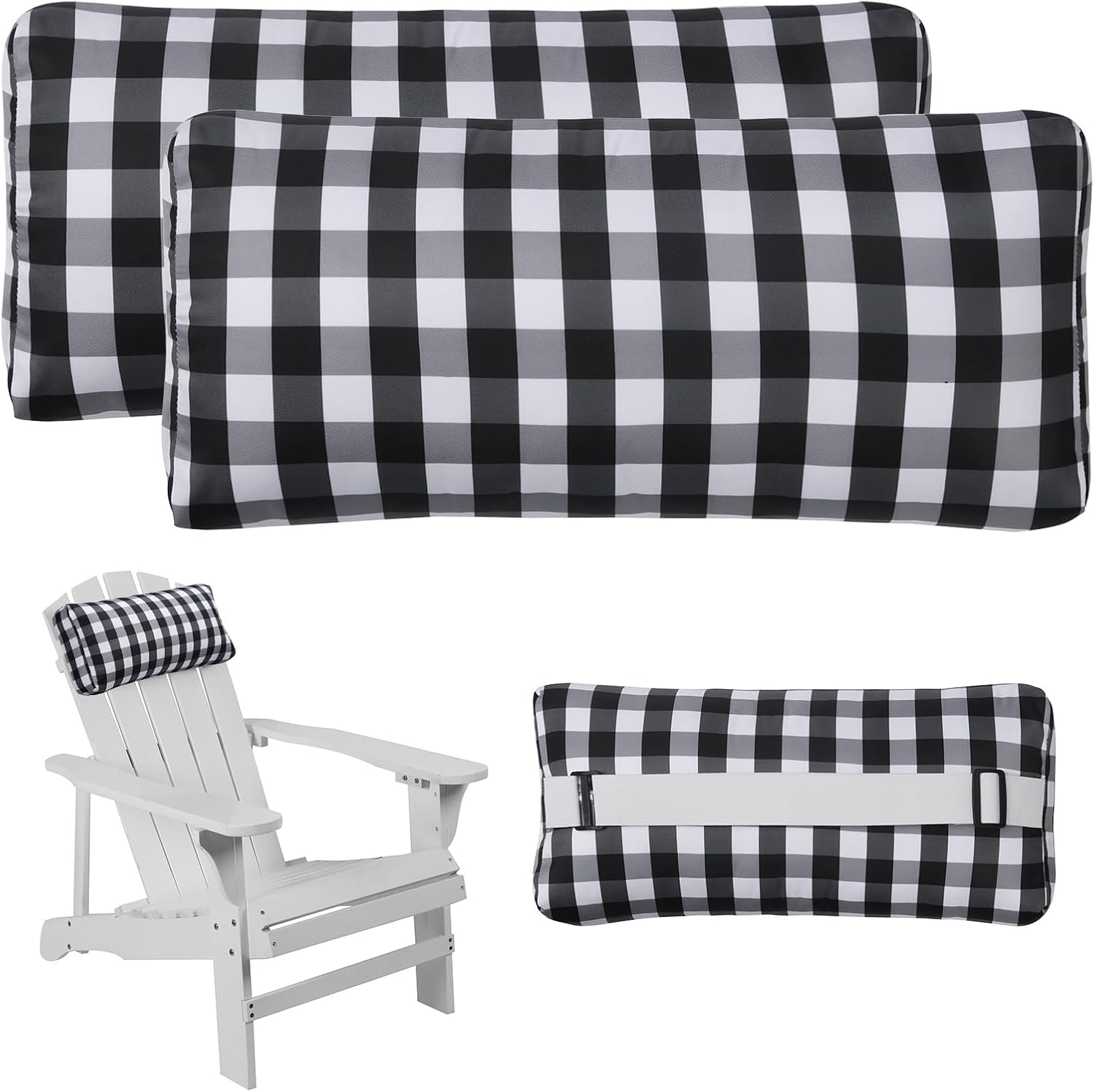 Outdoor Pillow for Chaise Lounge Chair, Plaid Oudoor Patio Pillow with Insert Adjustable Elastic Strap for Recliner Beach Pool Patio Chairs, 2 Pcs Black and White