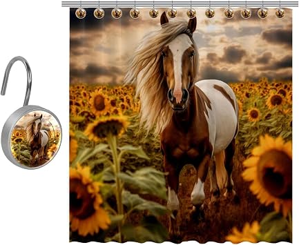 Modern Farmhouse Shower Curtain, Horse Sunflower Field Shower Curtain for Bathroom, Waterproof Fabric Shower Curtain with 10PCS Hooks, 60X70IN