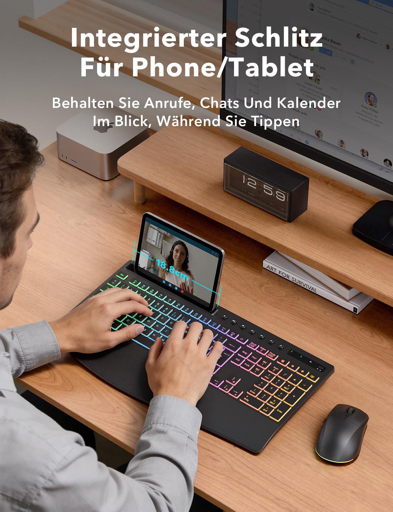 Tastatur Maus Set kabellos Beleuchtete, Wiederaufladbare Tastatur mit 4000 mAh Akku, Telefonhalter, Leise Tippen in Voller Größe, 3 DPI Maus, 2,4GHz USB-A/USB-C für Chrome OS/Window/PC- KM22 Ultra