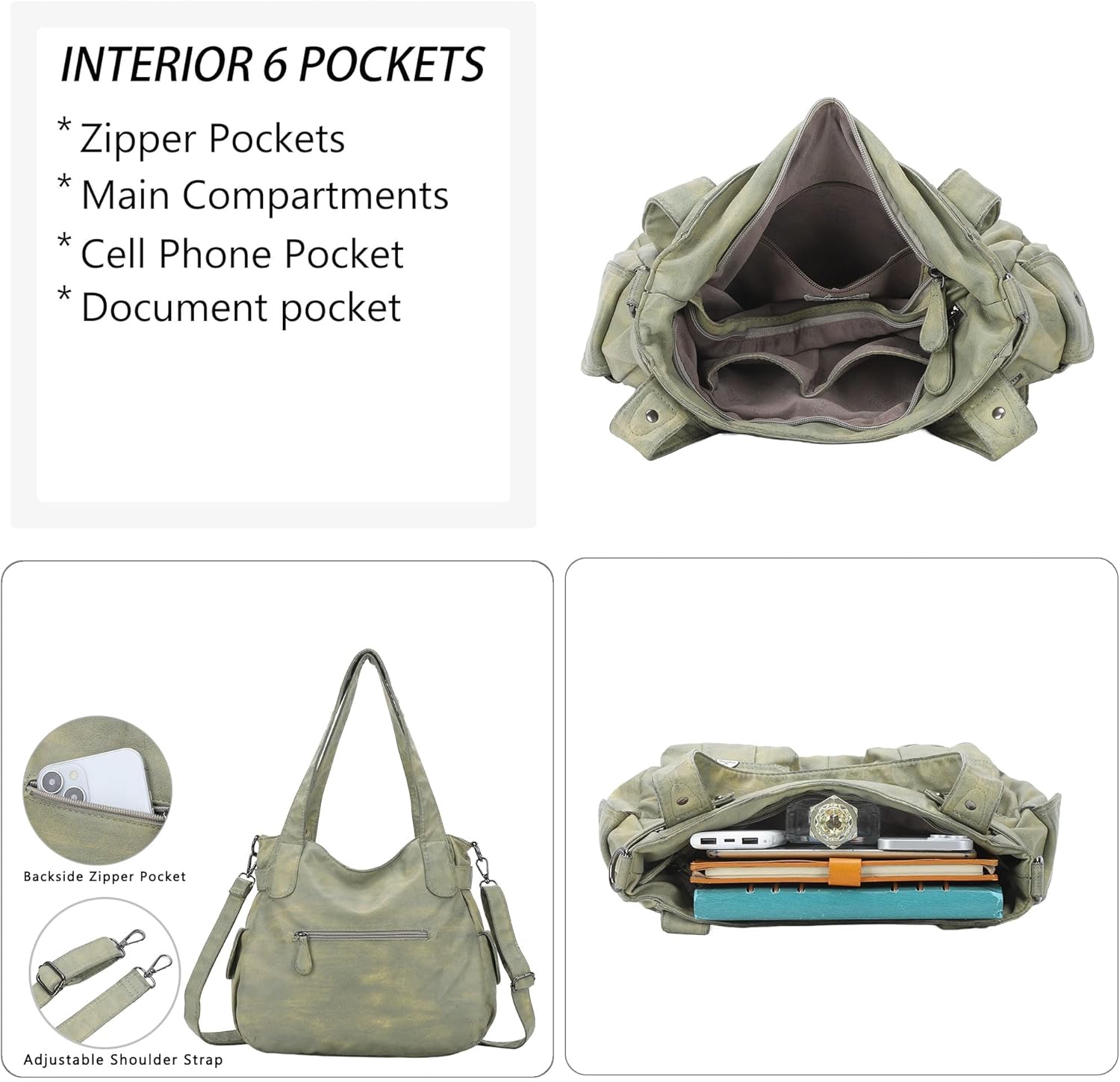 Angel Kiss Women's Designer Handbag Large Double Zipper Multi Pocket Washed Leather Purse - Image 6