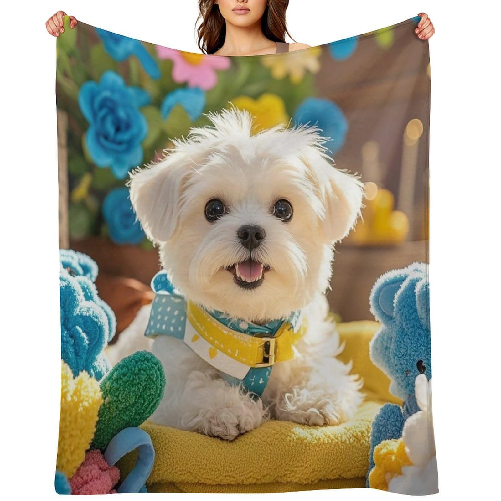 Cute Maltese Puppy Throw Blanket for Couch and Bed Super Soft Warm Lightweight Throw Blankets Cozy Fuzzy Flannel Blanket Personalized Decorative Blankets for Sofa Decor 60"x80"