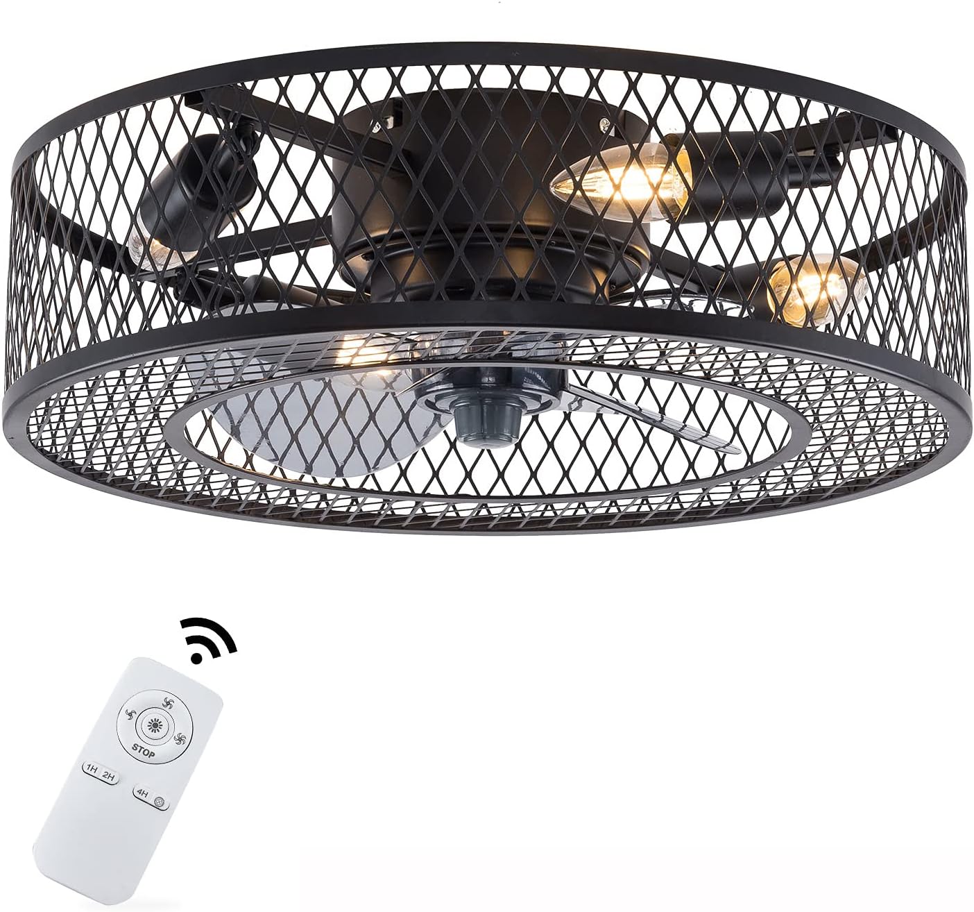 TFCFL Modern Industrial Ceiling Fan Light Round Metal Ceiling Fan Chandelier Wind Speed Adjustable with Remote Control for Living Room Kitchen Dining Room Outdoor (Mesh)