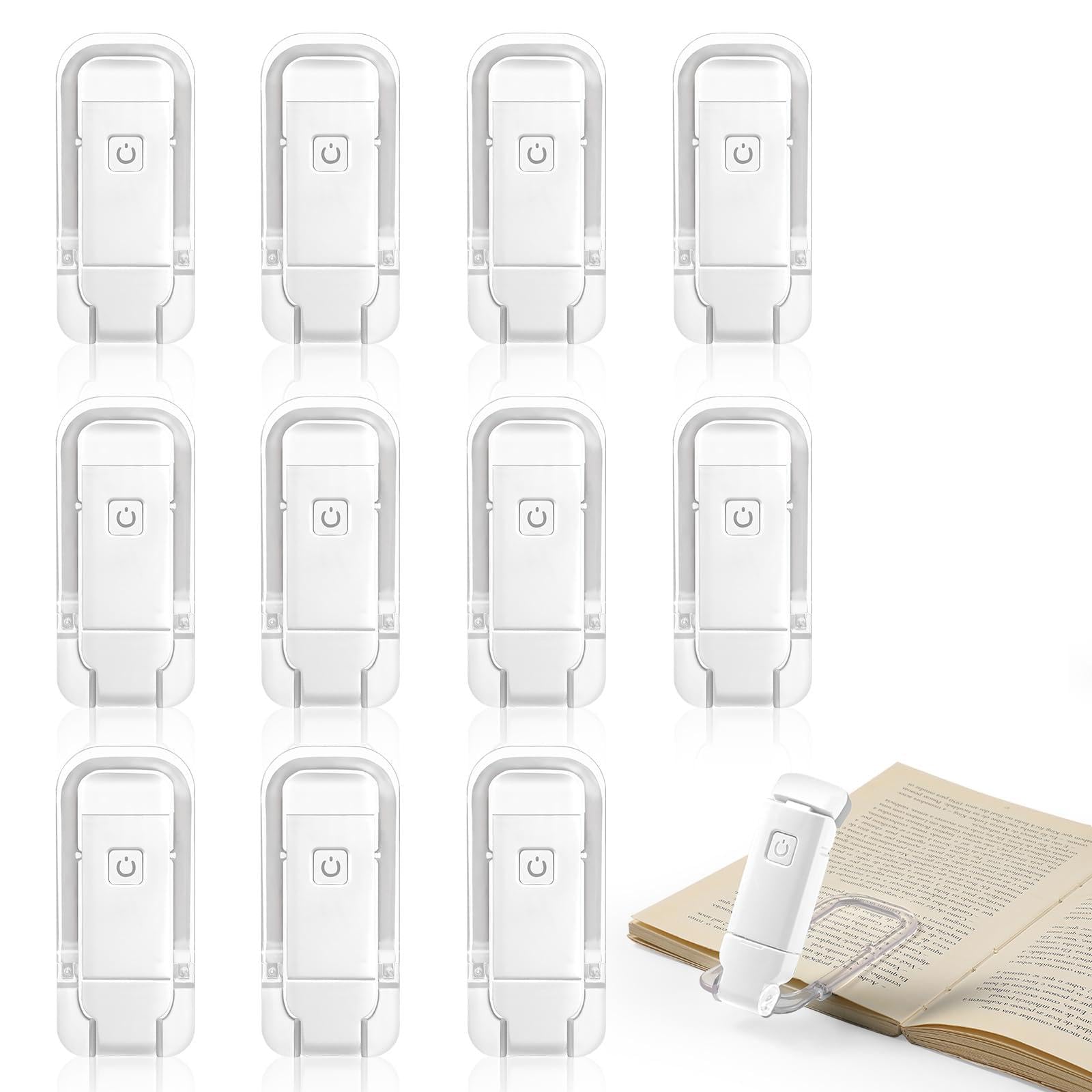 VZZNN Confezione da 12 luci da lettura ricaricabili per leggere a letto, luci per libri con clip con 3 temperature di colore, regali sfusi per amanti dei libri, bambini e adulti (bianco)