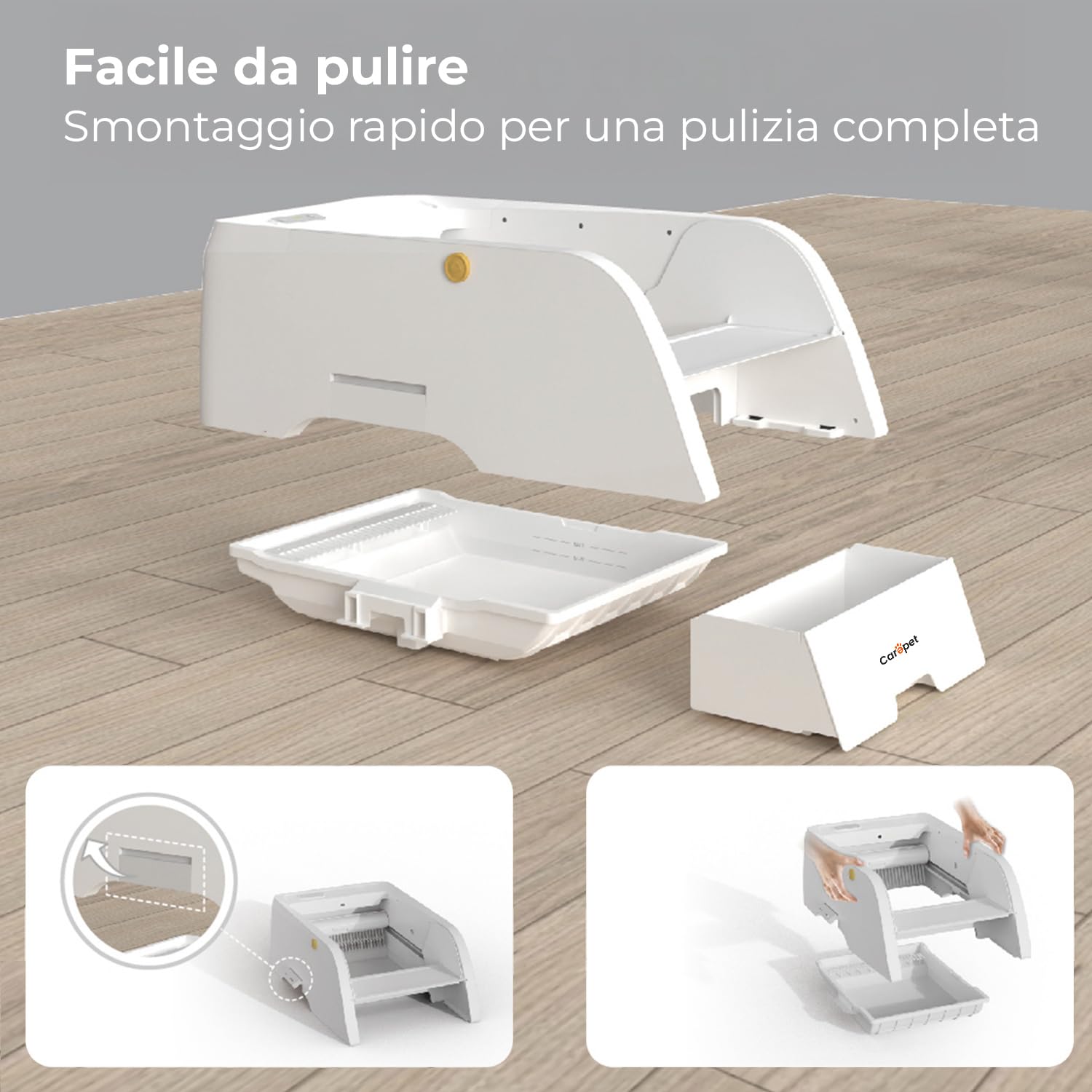 Carepet Arenero autolimpiante C102WC con cámara, control por aplicación, reconocimiento multigato, limpieza automática, sensores infrarrojos, desinfección UV, diseño compacto
