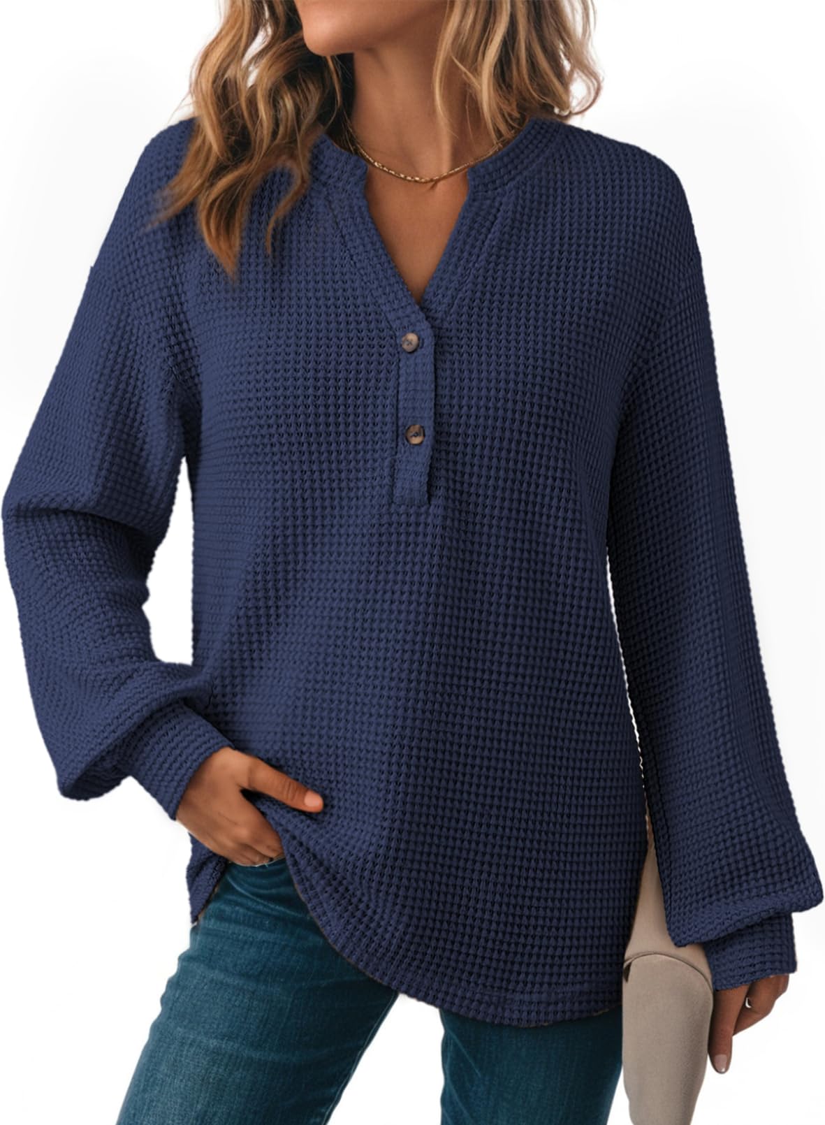 Dokotoo Bluse Damen Langarm Waffel V-Ausschnitt Oberteile Herbst Pullover Sweatshirt Langarmshirt Tops Lässig Blusen Tuniken Einfarbig T-Shirts Oberteil S-XXL