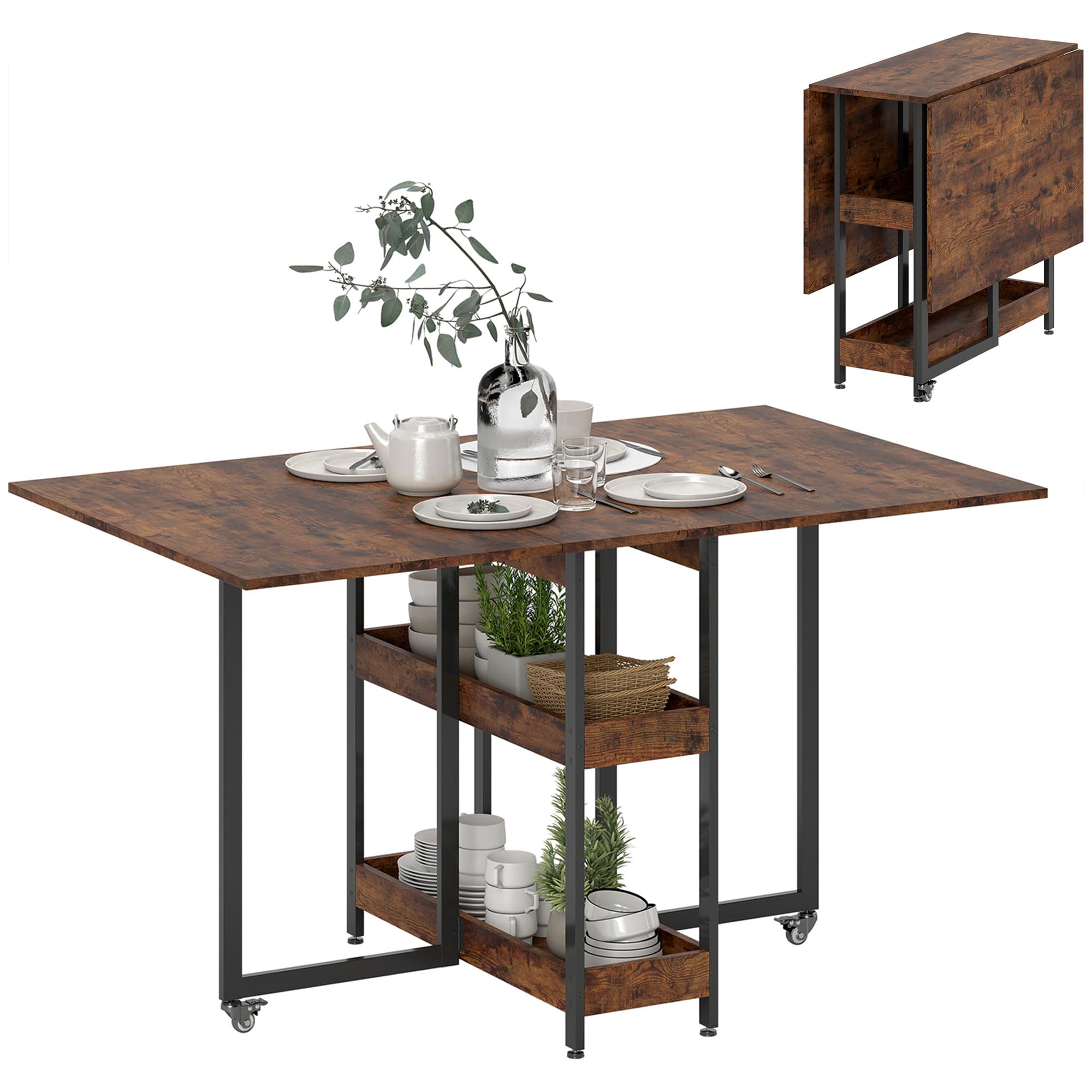 HOMCOM Esstisch Klappbar Küchentisch für 2-4 Personen mit 2 Offenen Ablagen, Esszimmertisch Klapptisch mit Rollen für Kleine Räume, Esszimmer, Küche 133,4 x 80 x 75 cm Rustikal-Braun