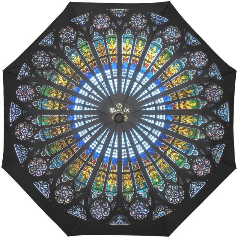 Design with The Rose Window in The Gothic Cathedral Pattern Windproof Rainproof, Travel Umbrella Compact Sun/Rain