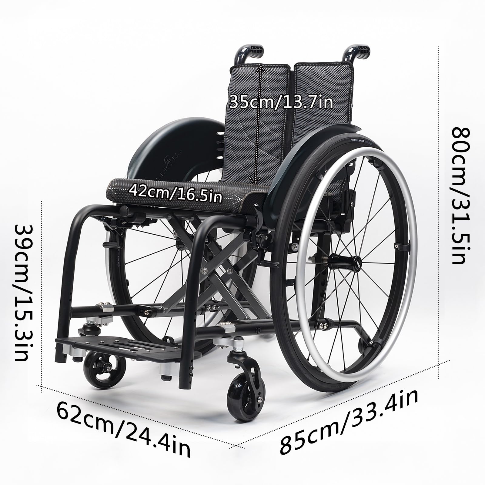 Silla de ruedas manual ligera, silla de ruedas deportiva ultraligera portátil todo terreno, silla de ruedas plegable, sillas de ruedas de transporte con antivuelco(Black A,42cm/16.5in)