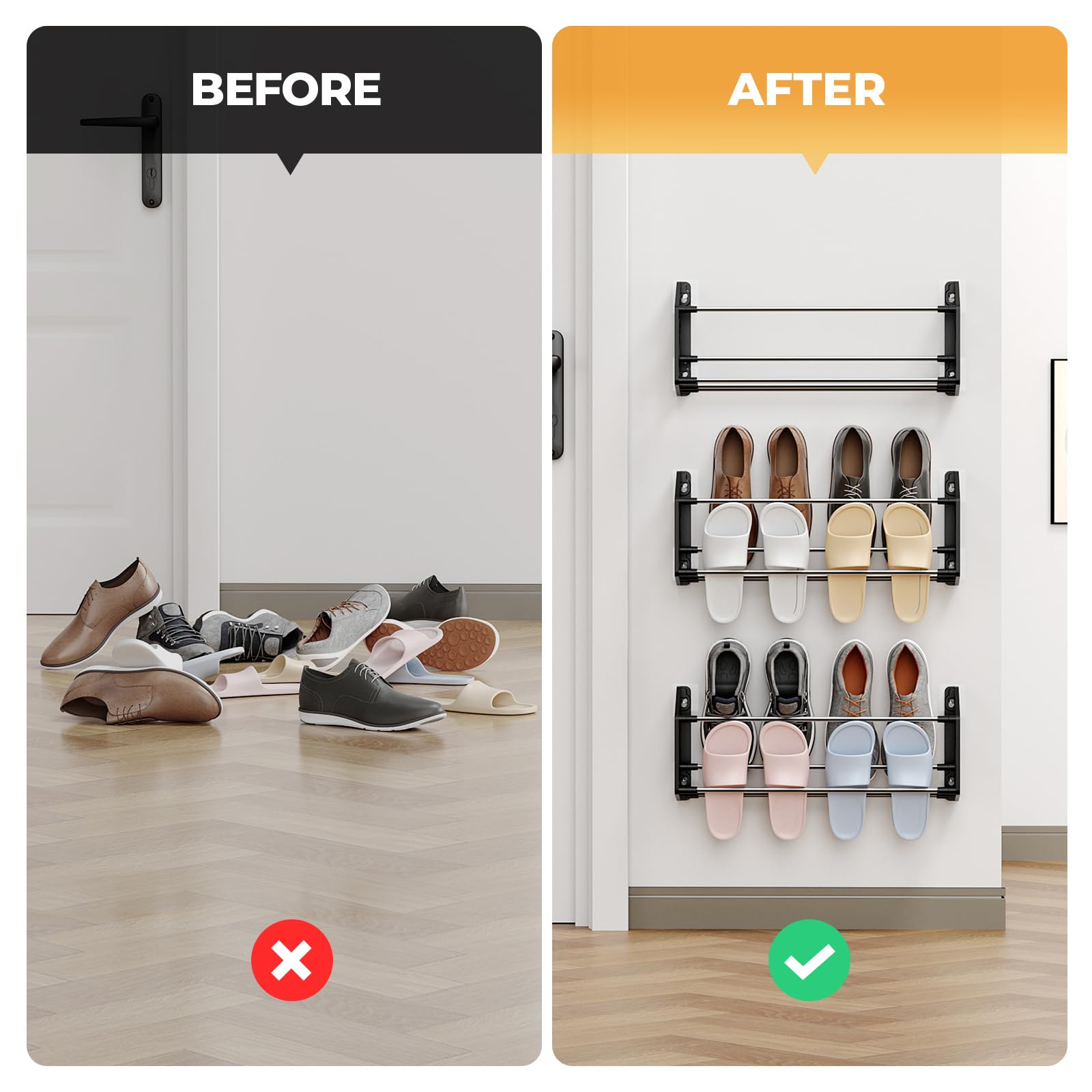 DEYILIAN Hanging Shoe Rack for RV, 3 Pack Wall Shoe Rack with Sticky Adhesive Strips Slim Shoe Rack Shoe Holder Holds 12 Pairs of Shoes Space Saving Wall Mounted Shoe Shelf for Camper Black