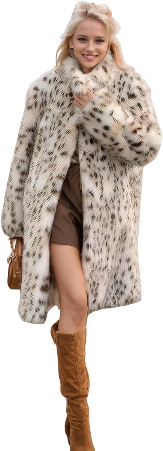 DJBM Women Faux fur Leopard Lapel Maxi Coat Cardigan Sexy Elegant Garment Pocketed with Belt for Winter Outdoor