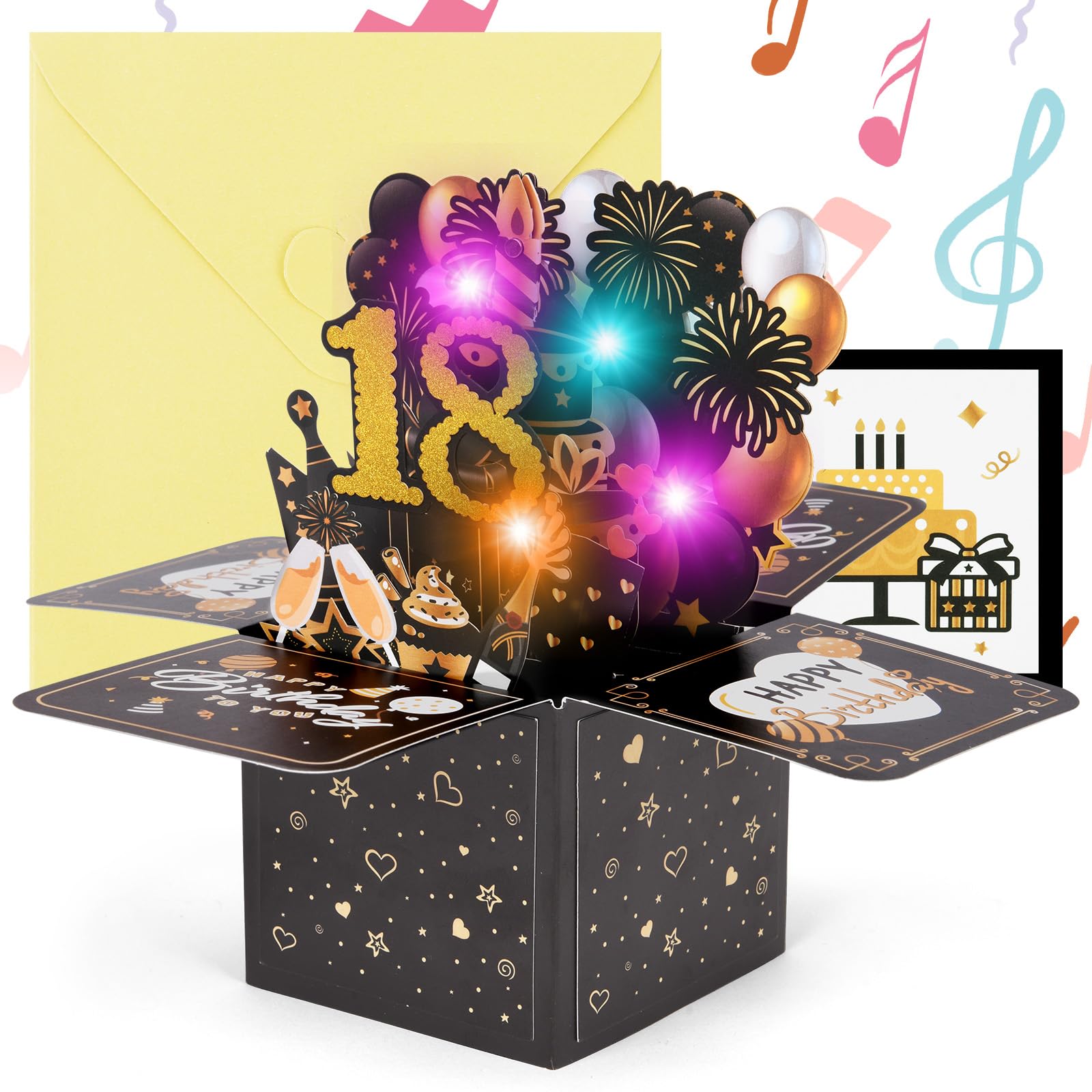 OFFCUP 18th Black Birthday Card, Light and Music Happy Birthday Card