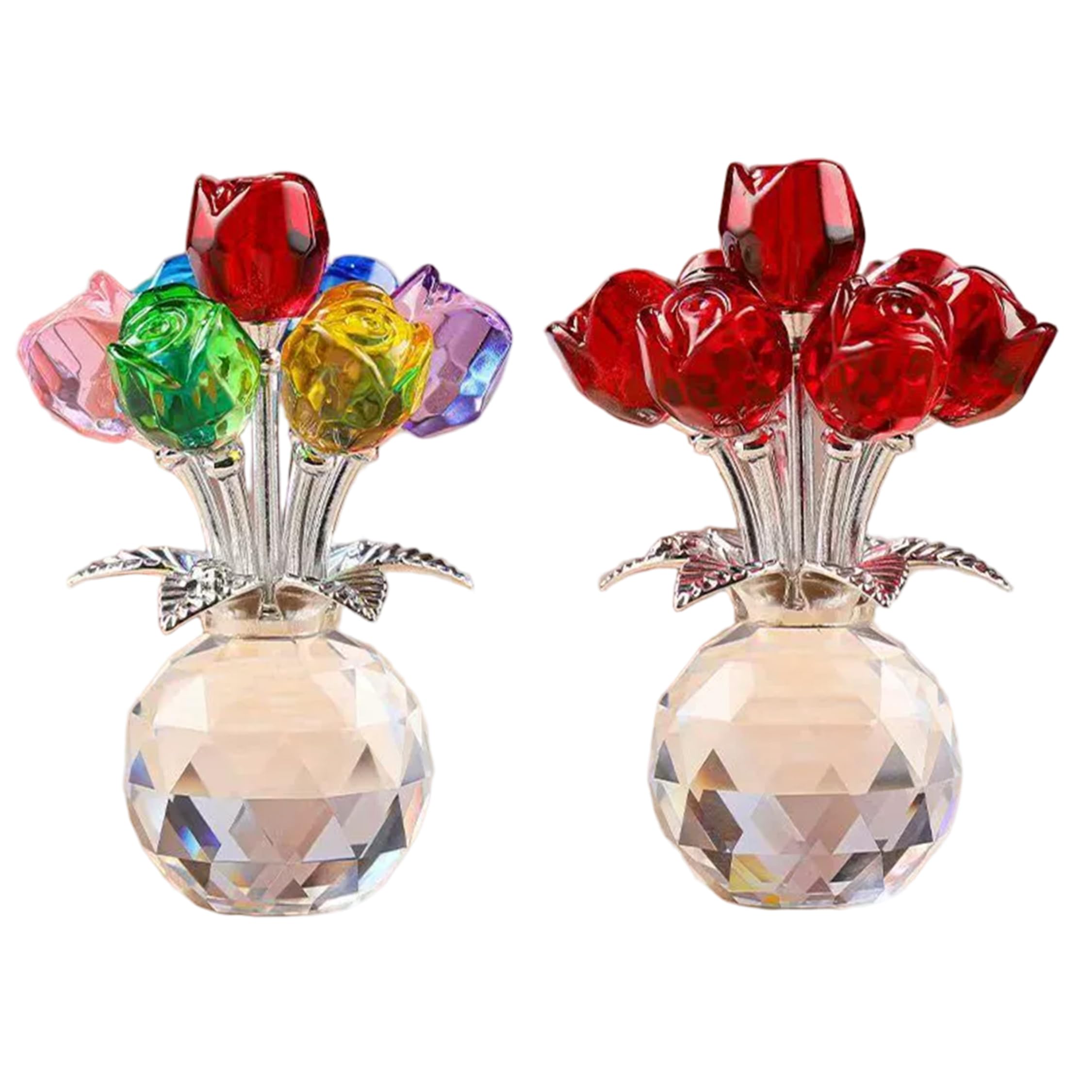 Mini fleurs en verre lot de 2 avec vase en cristal rouge et coloré pour salon